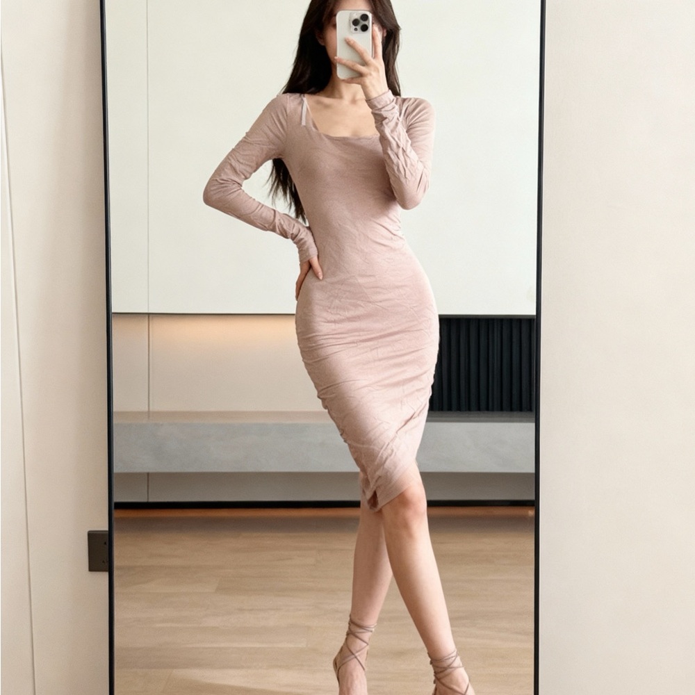 Naked Wardrobe Taupe Long Sleeve Midi Dress – Sleek Sculpted Classic